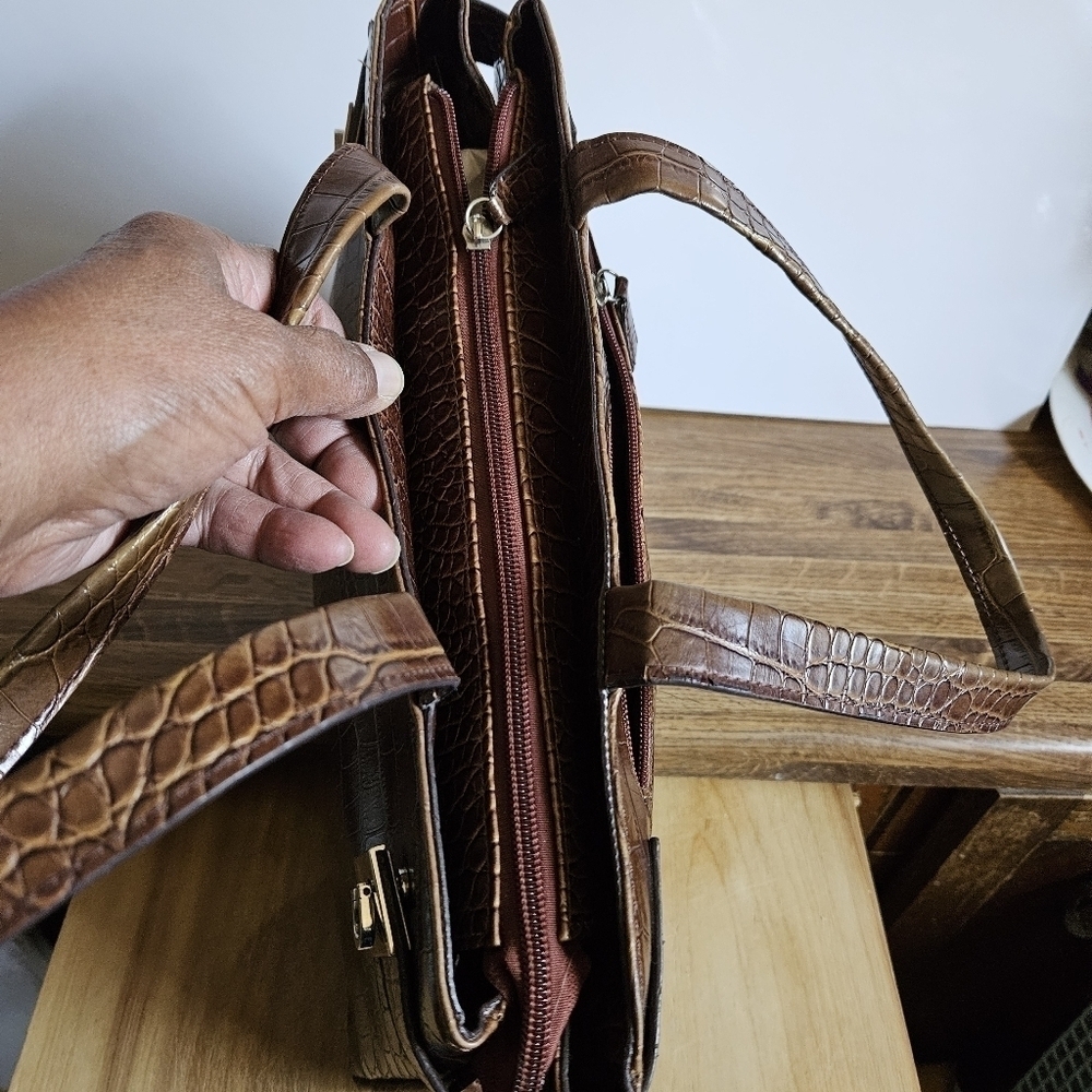 Vintage Cole Chocolate Brown Aux Crocodile Imprint Satchel Bag - Picture 6 of 16